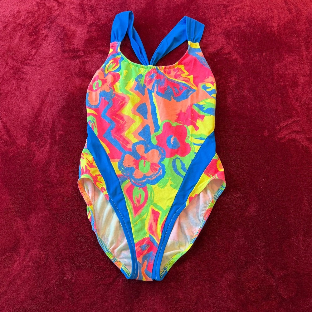 Vintage Backflips Neon Abstract Floral One Piece Swimsuit High Cut T-Back Pink L